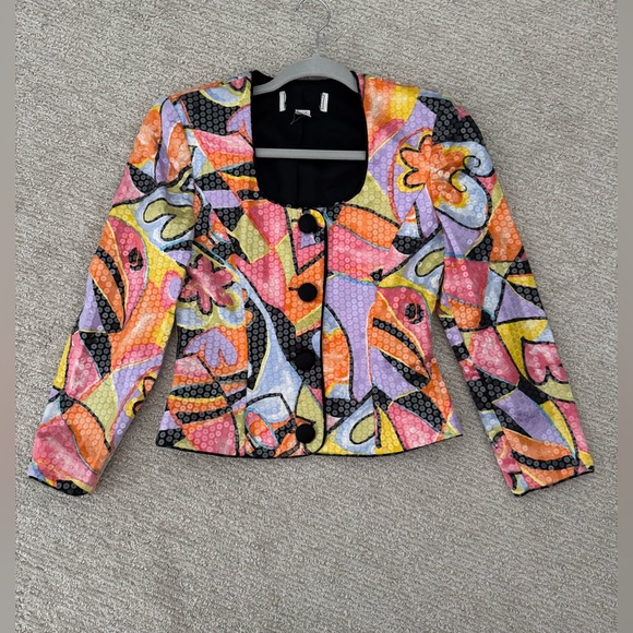 A.J. Bari Vintage Multicolor Silk Sequin Button-Up Blouse Jacket Scoop-Neck Sz 2 - Picture 3 of 7